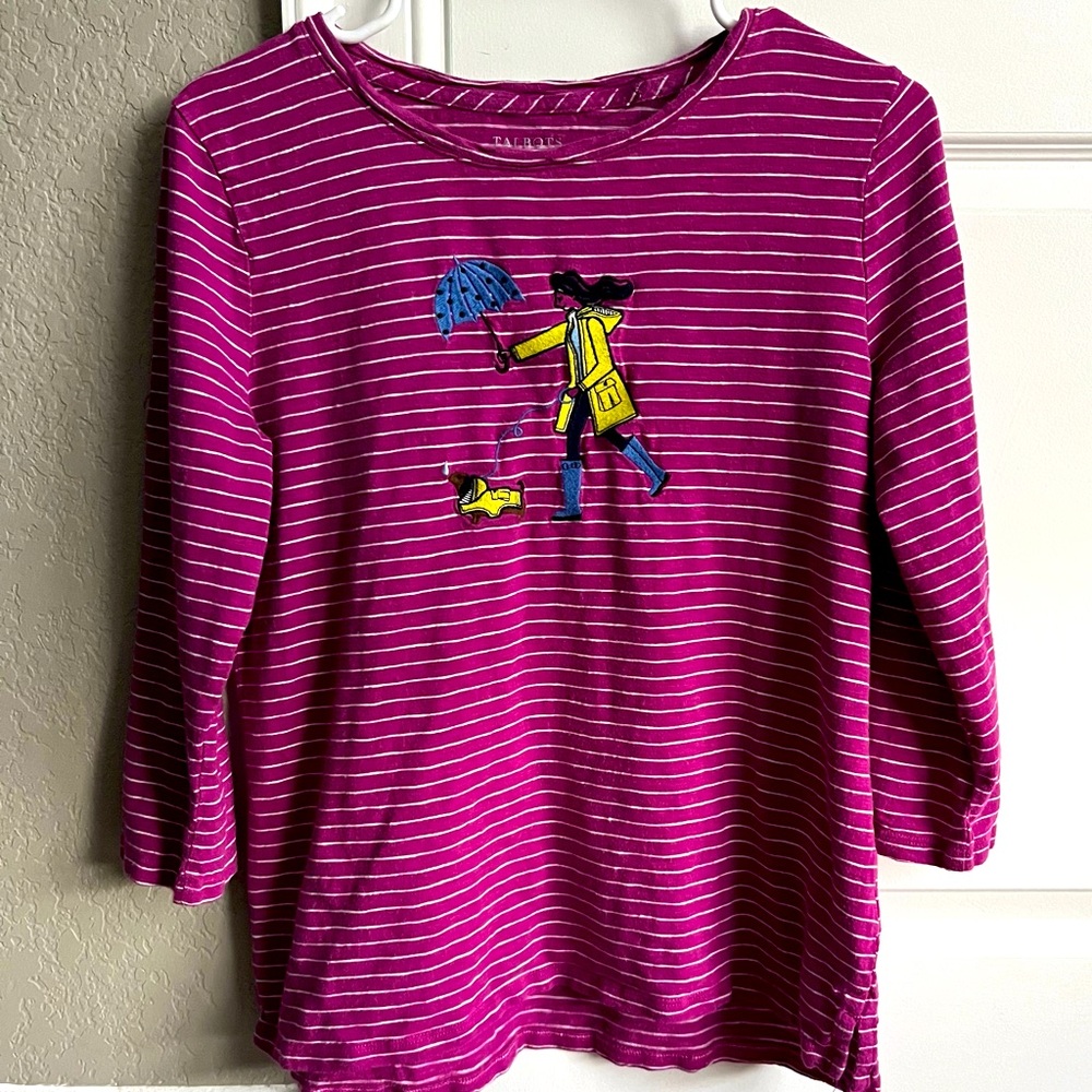 Talbots Striped 3/4 Sleeve Tee with Embroidered Umbrella Design